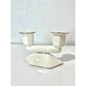 Vintage Candlestick Holder Holds 2 Candles Off-White Ceramic Gold Lining